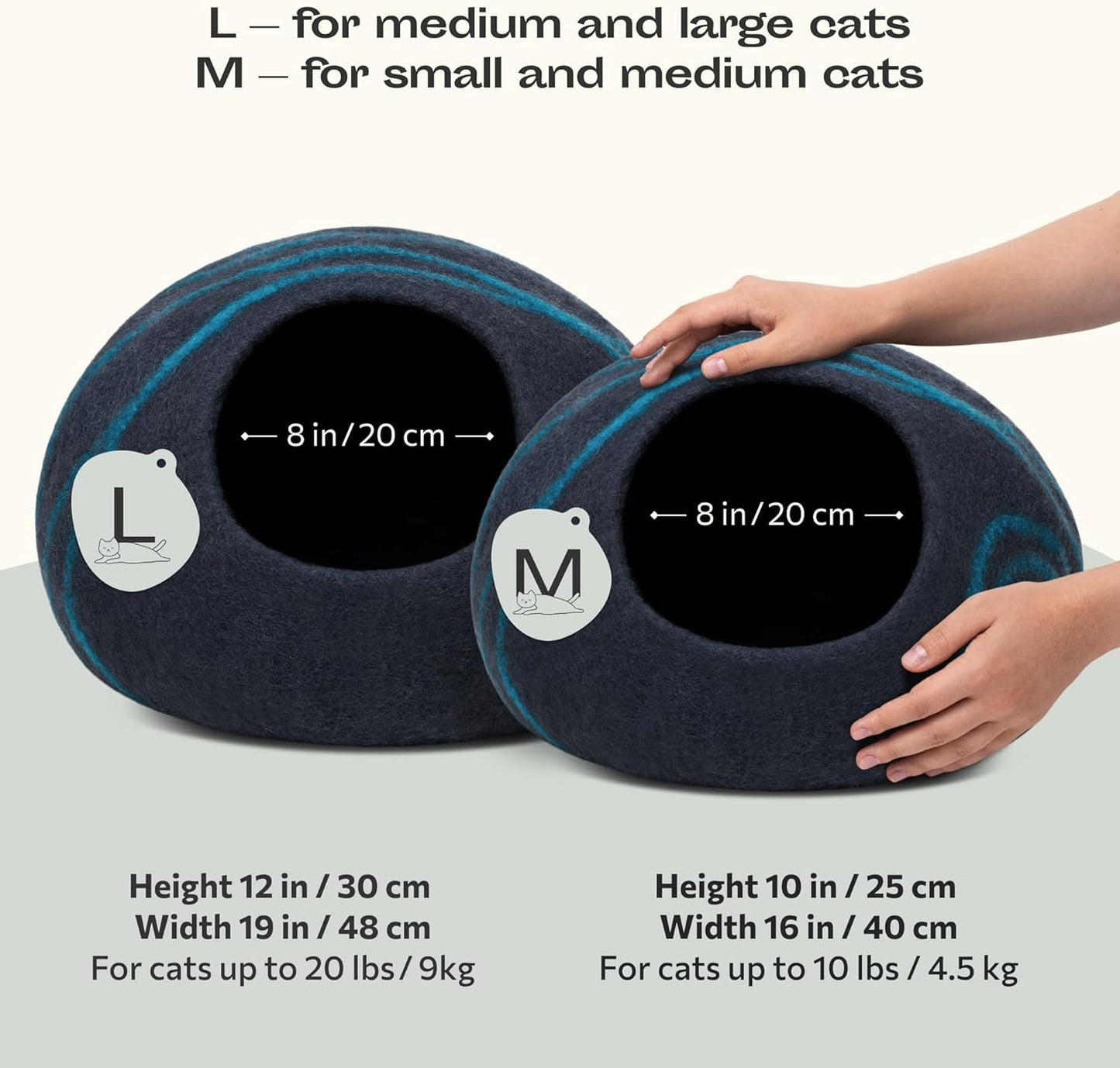Luxurious Handcrafted Cat Cave - 100% Merino Wool Bed for Indoor Cats in Stylish Black Aqua (Large)