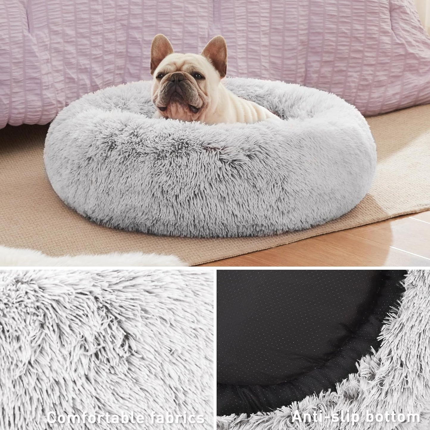 Cozy Calming Cat Bed - Anti-Anxiety Donut Dog Bed in Light Grey, Perfect for Small to Medium Cats and Dogs, 24-Inch Fluffy Faux Fur Design