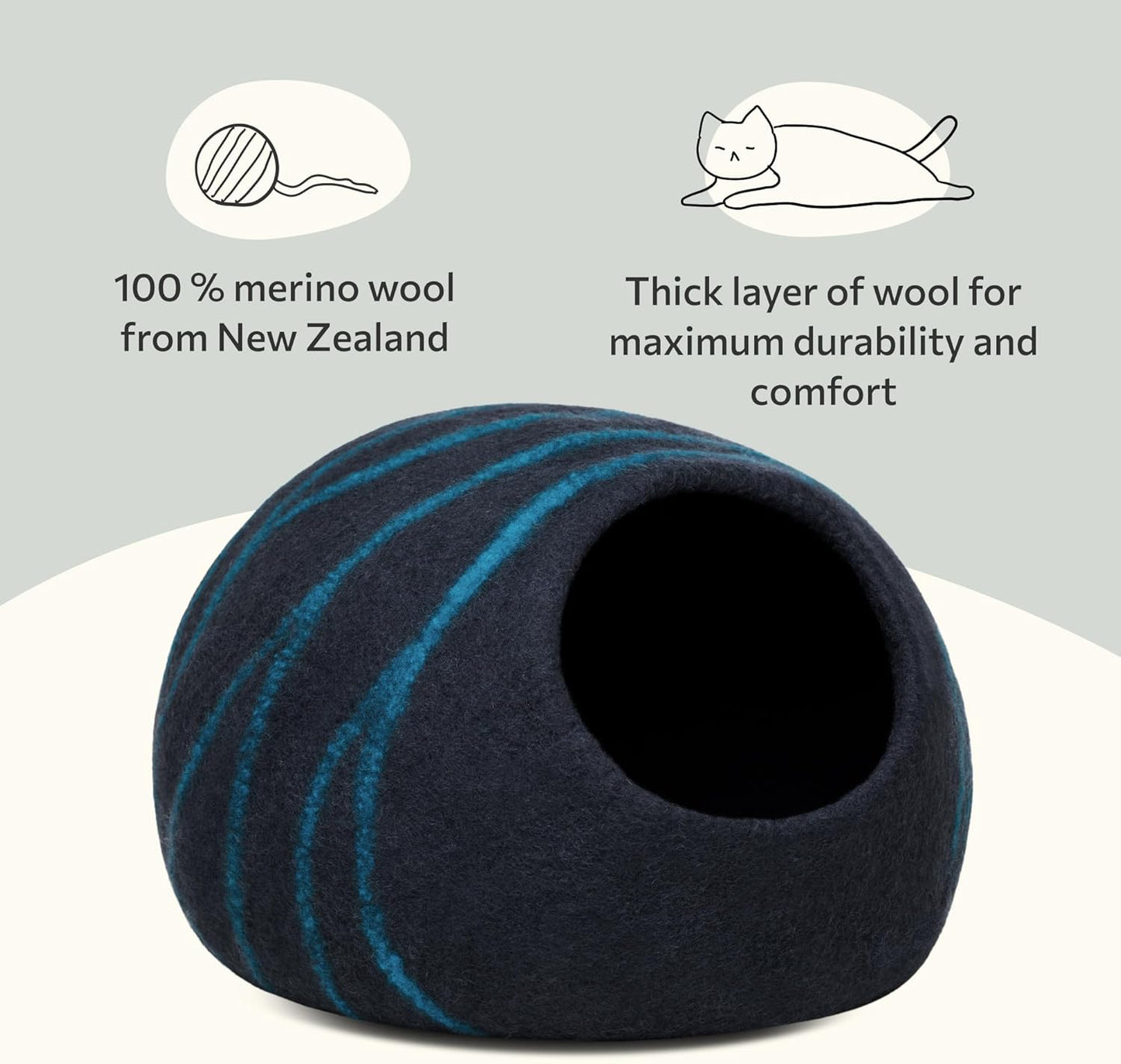 Luxurious Handcrafted Cat Cave - 100% Merino Wool Bed for Indoor Cats in Stylish Black Aqua (Large)