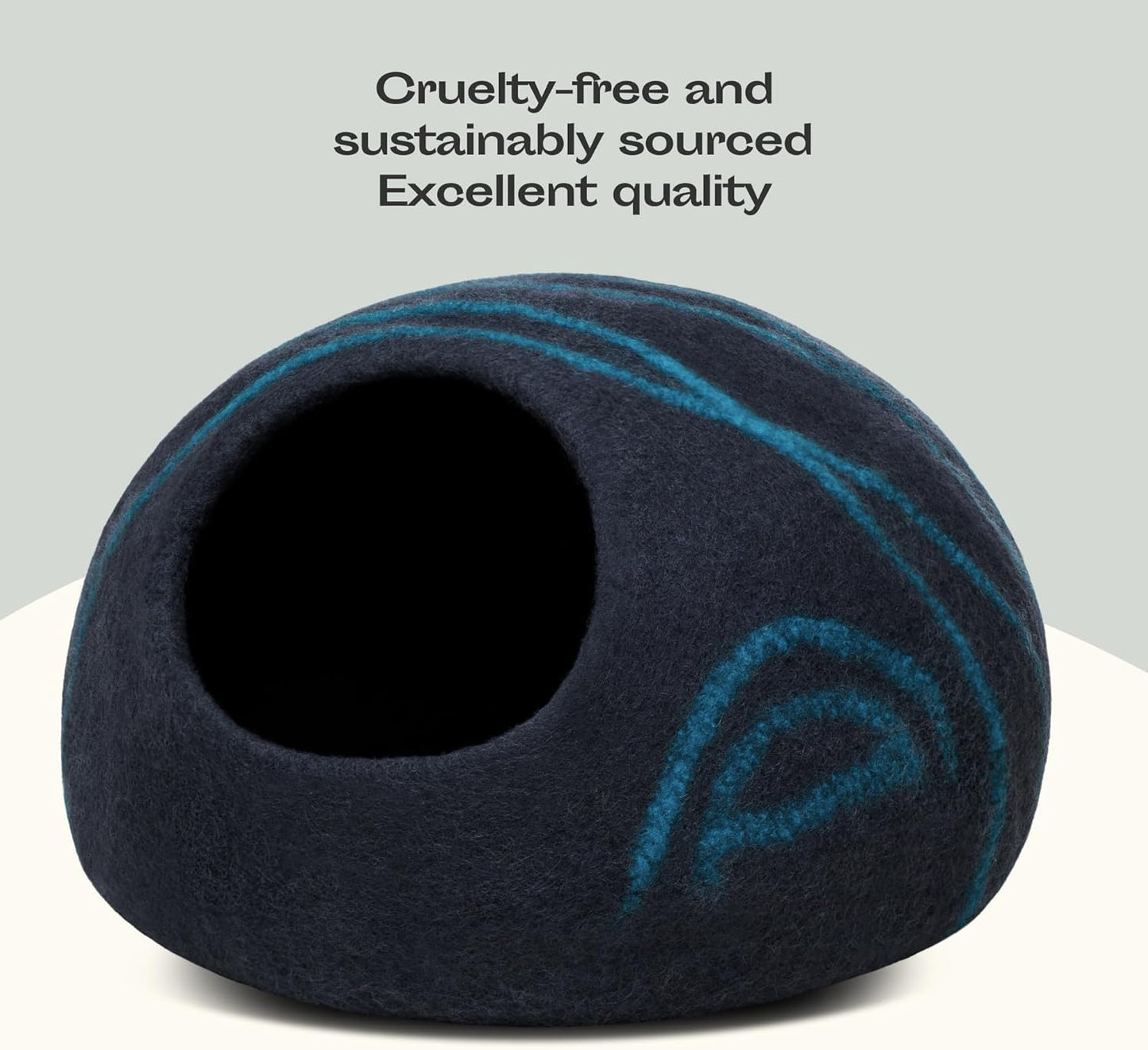 Luxurious Handcrafted Cat Cave - 100% Merino Wool Bed for Indoor Cats in Stylish Black Aqua (Large)
