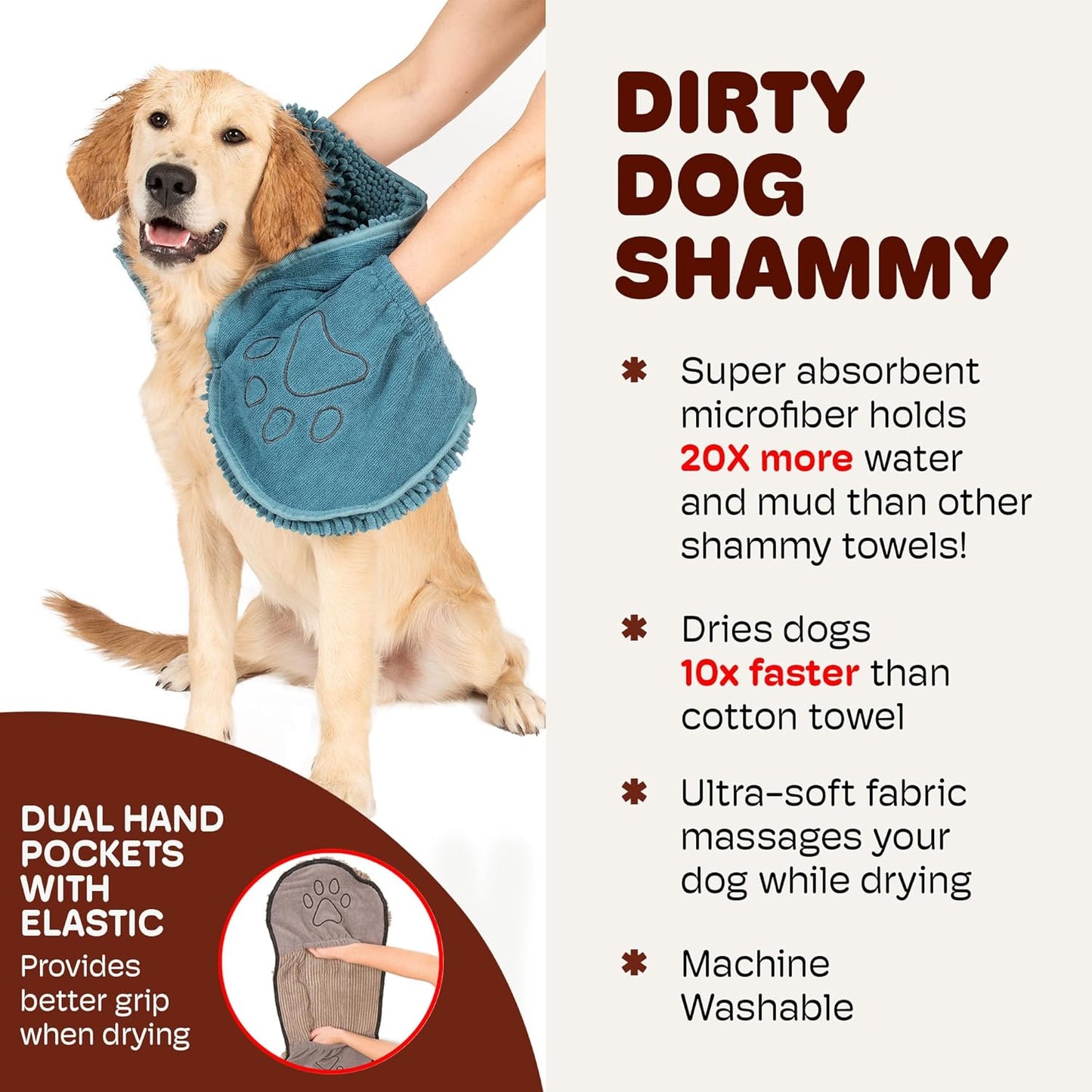the Dirty Dog Shammy - Fast Drying Plush Shammy Towel with Dual Hand Pockets and Elastic - Super Absorbent Microfiber and Machine Washable - Pacific Blue