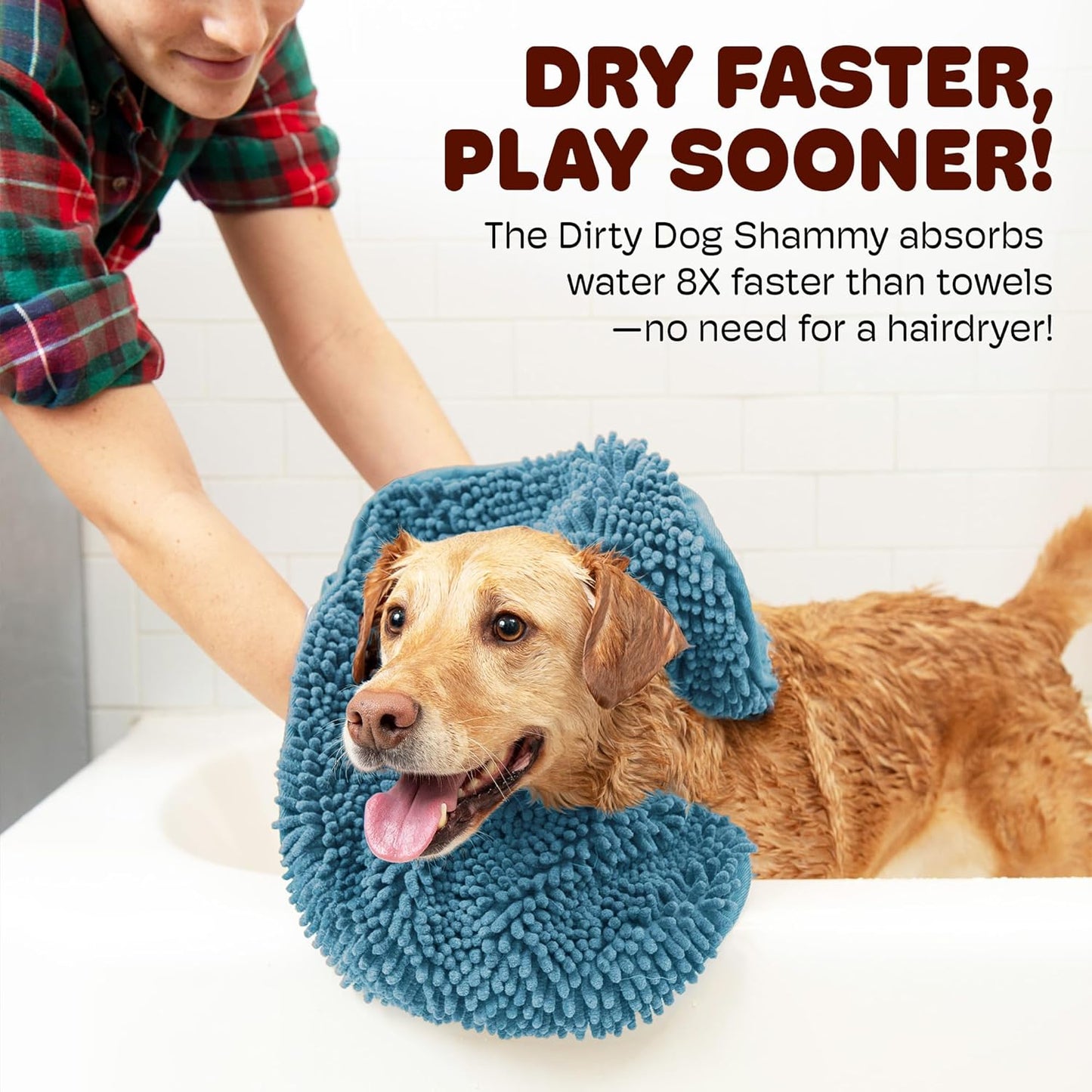 the Dirty Dog Shammy - Fast Drying Plush Shammy Towel with Dual Hand Pockets and Elastic - Super Absorbent Microfiber and Machine Washable - Pacific Blue