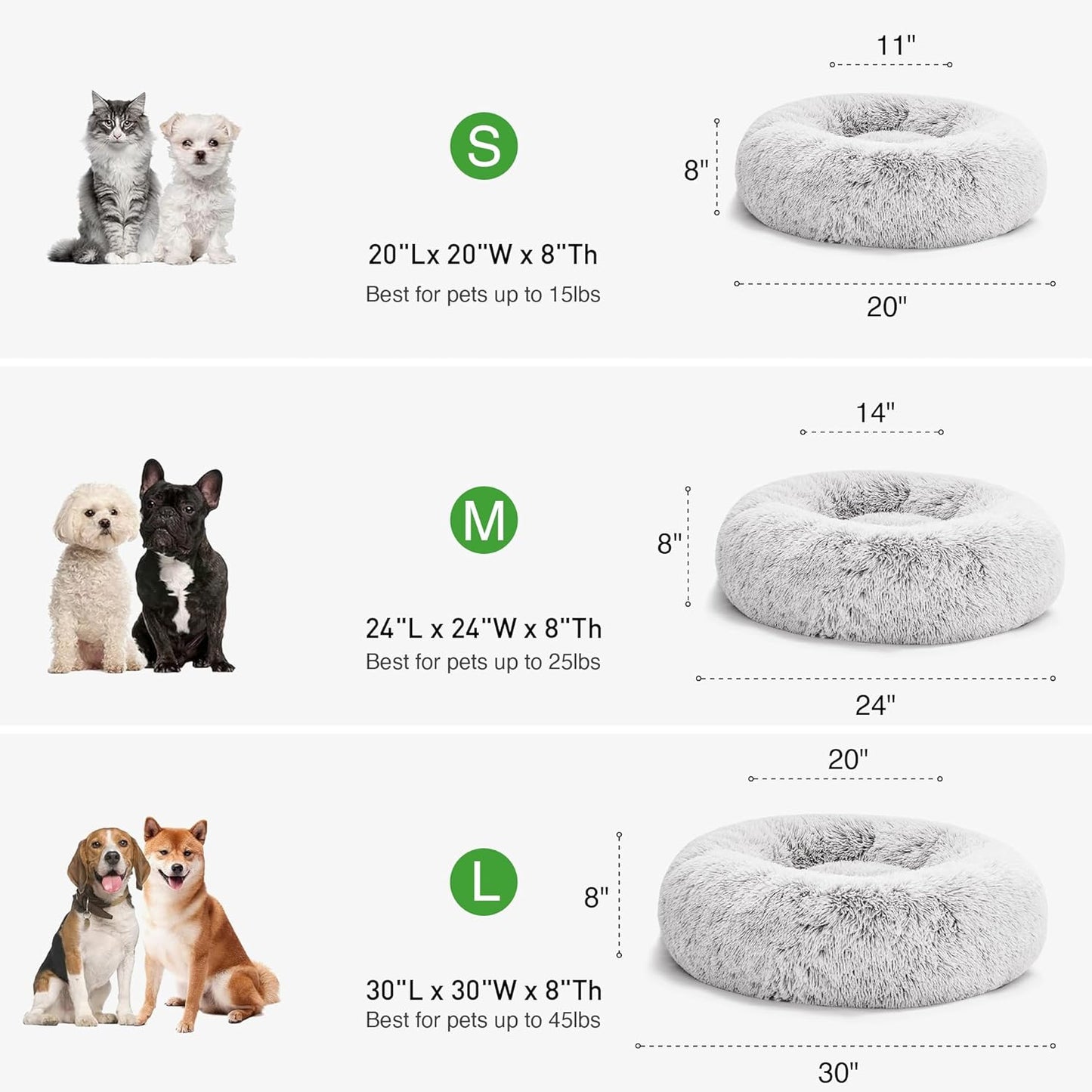 Cozy Calming Cat Bed - Anti-Anxiety Donut Dog Bed in Light Grey, Perfect for Small to Medium Cats and Dogs, 24-Inch Fluffy Faux Fur Design