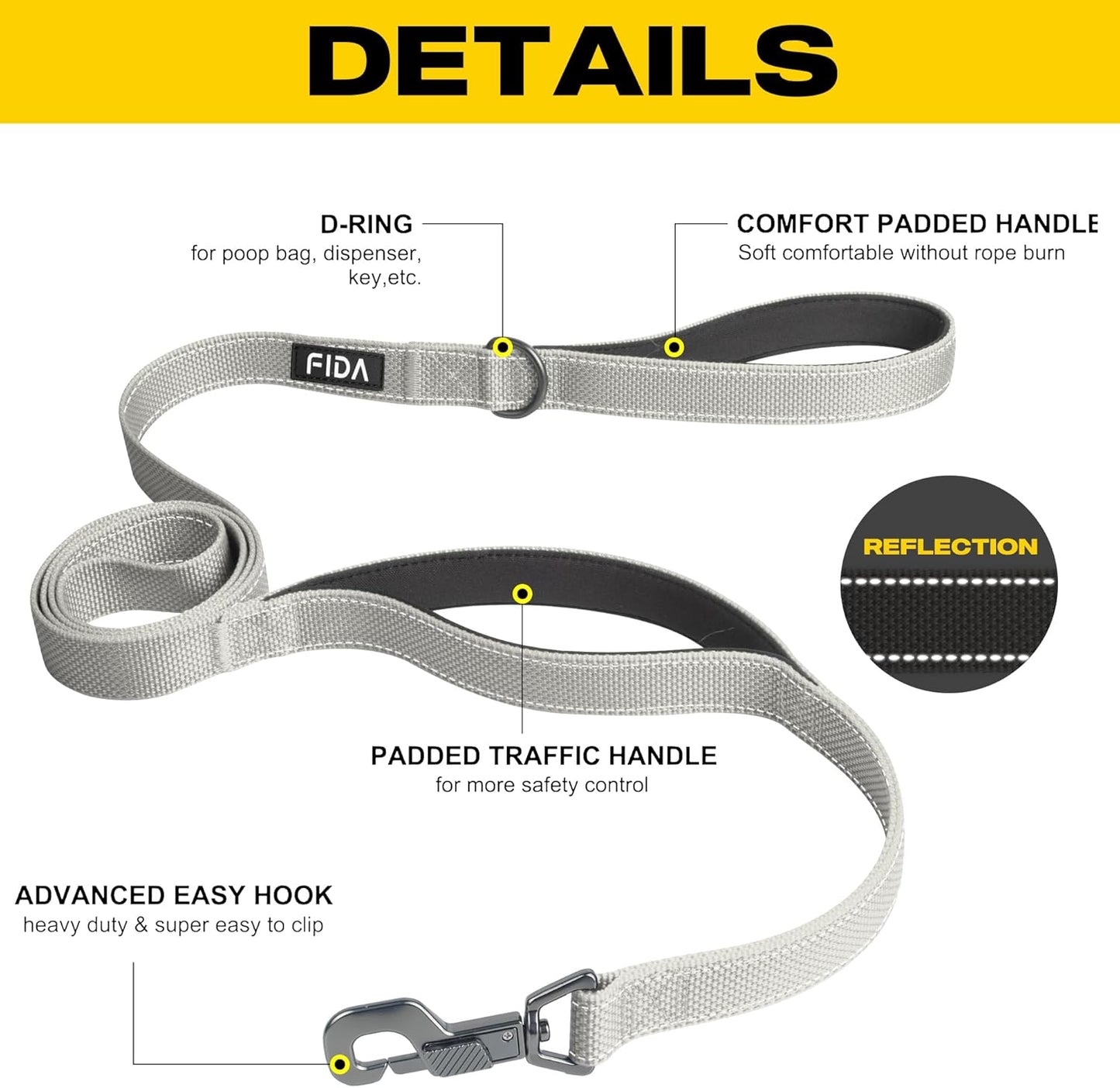 Premium 4 FT Heavy Duty Dog Leash with Dual Padded Handles, Traffic Control & Easy Snap Hook - Reflective Grey Leash for All Breeds