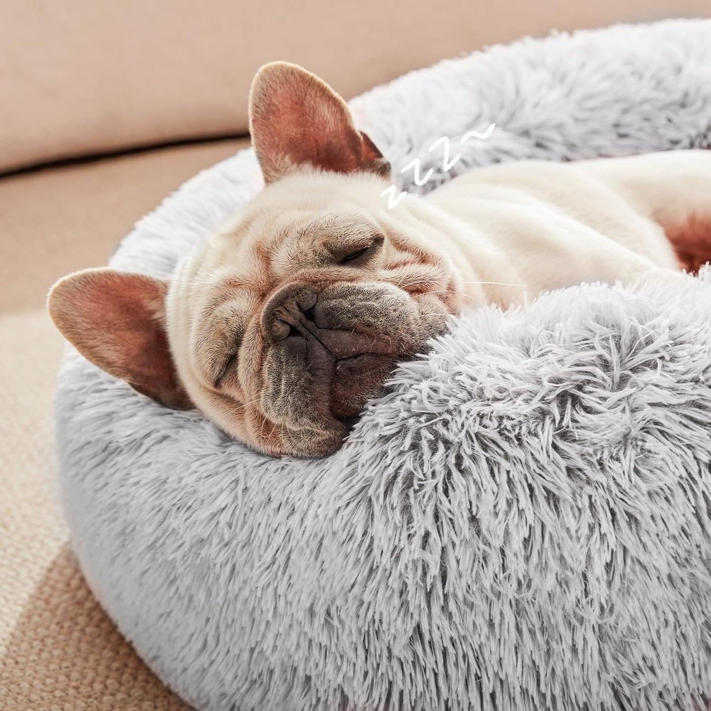 Cozy Calming Cat Bed - Anti-Anxiety Donut Dog Bed in Light Grey, Perfect for Small to Medium Cats and Dogs, 24-Inch Fluffy Faux Fur Design