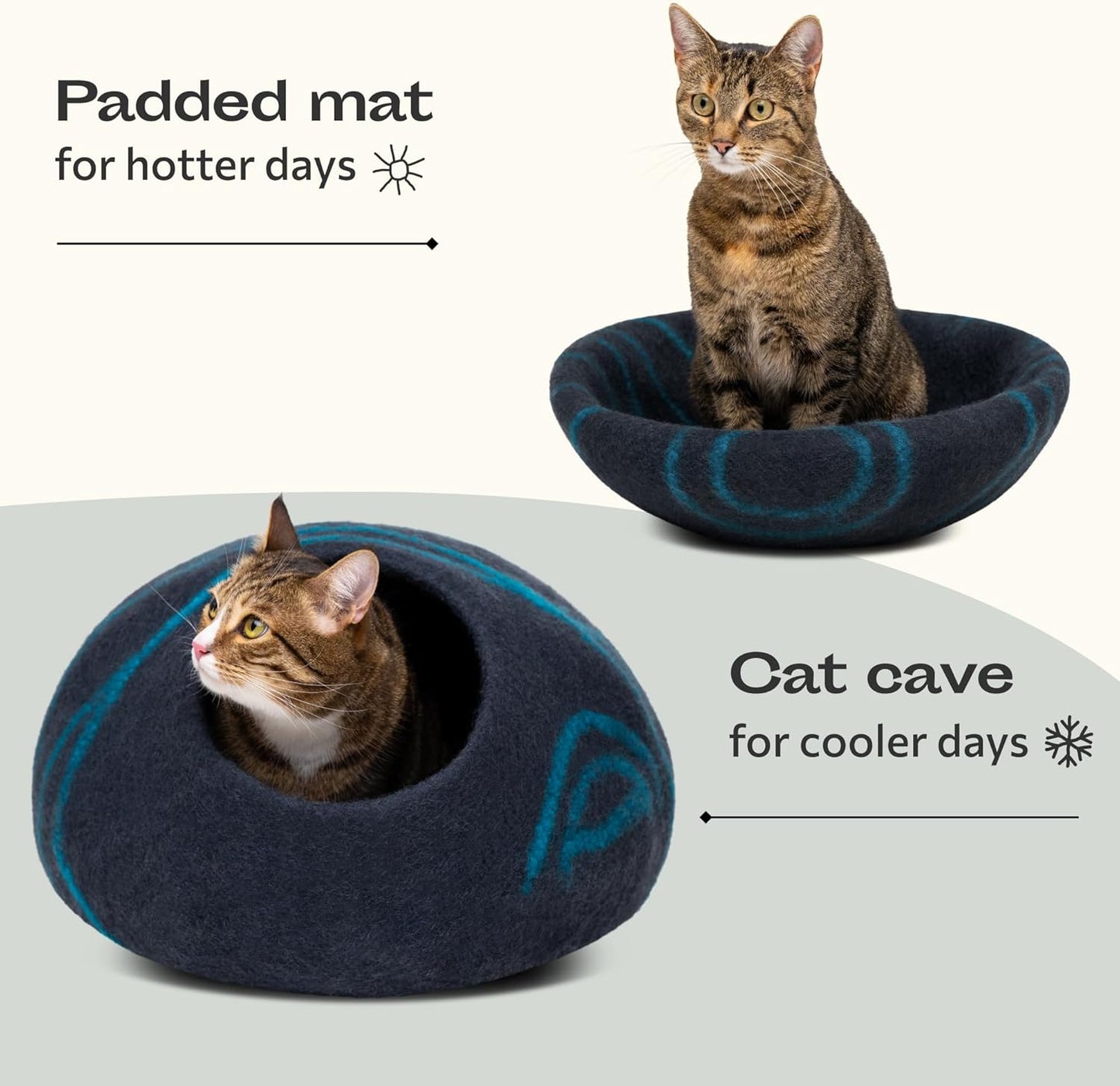 Luxurious Handcrafted Cat Cave - 100% Merino Wool Bed for Indoor Cats in Stylish Black Aqua (Large)
