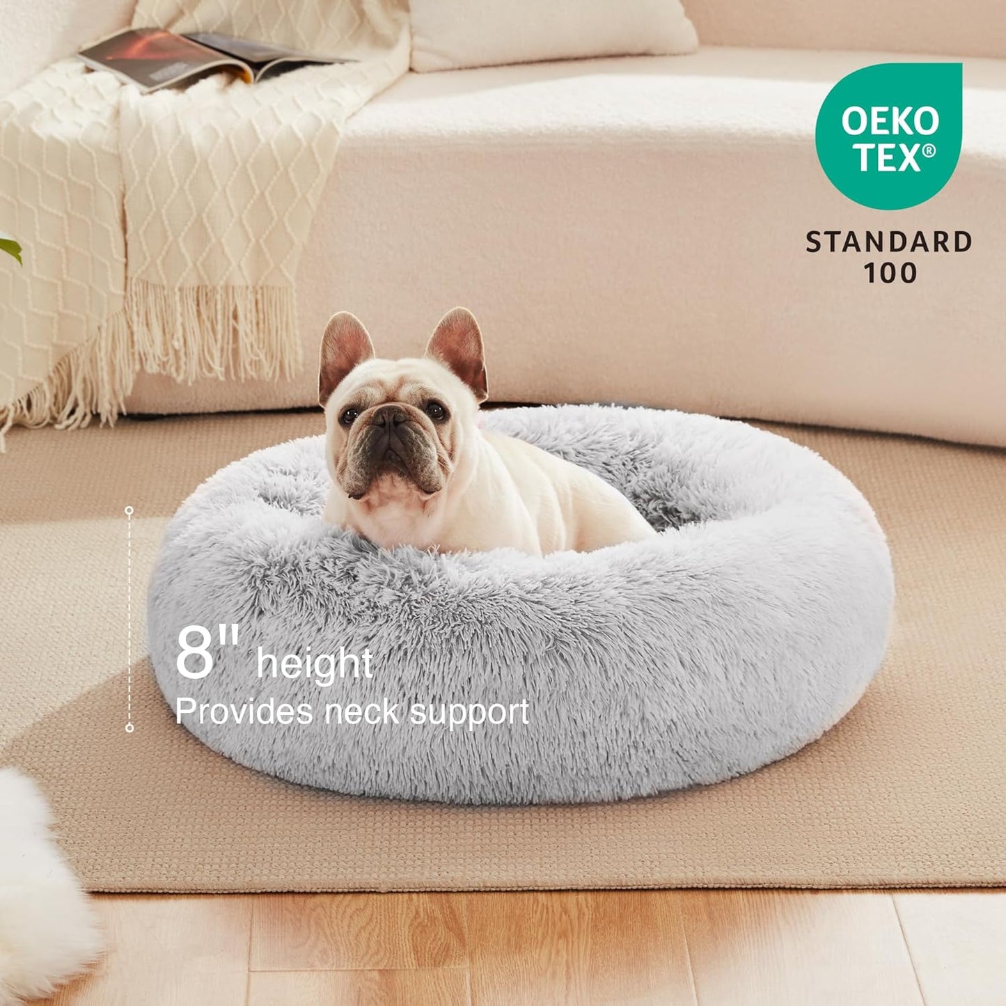 Cozy Calming Cat Bed - Anti-Anxiety Donut Dog Bed in Light Grey, Perfect for Small to Medium Cats and Dogs, 24-Inch Fluffy Faux Fur Design