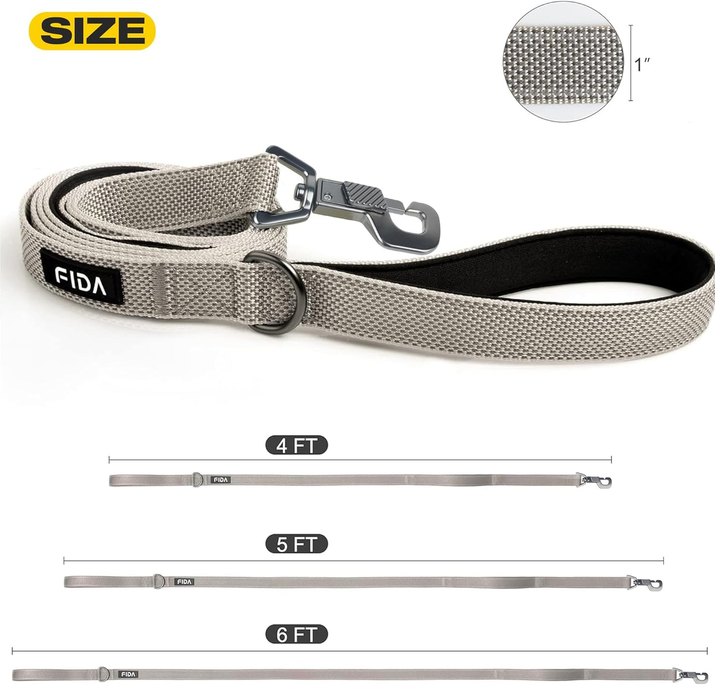 Premium 4 FT Heavy Duty Dog Leash with Dual Padded Handles, Traffic Control & Easy Snap Hook - Reflective Grey Leash for All Breeds