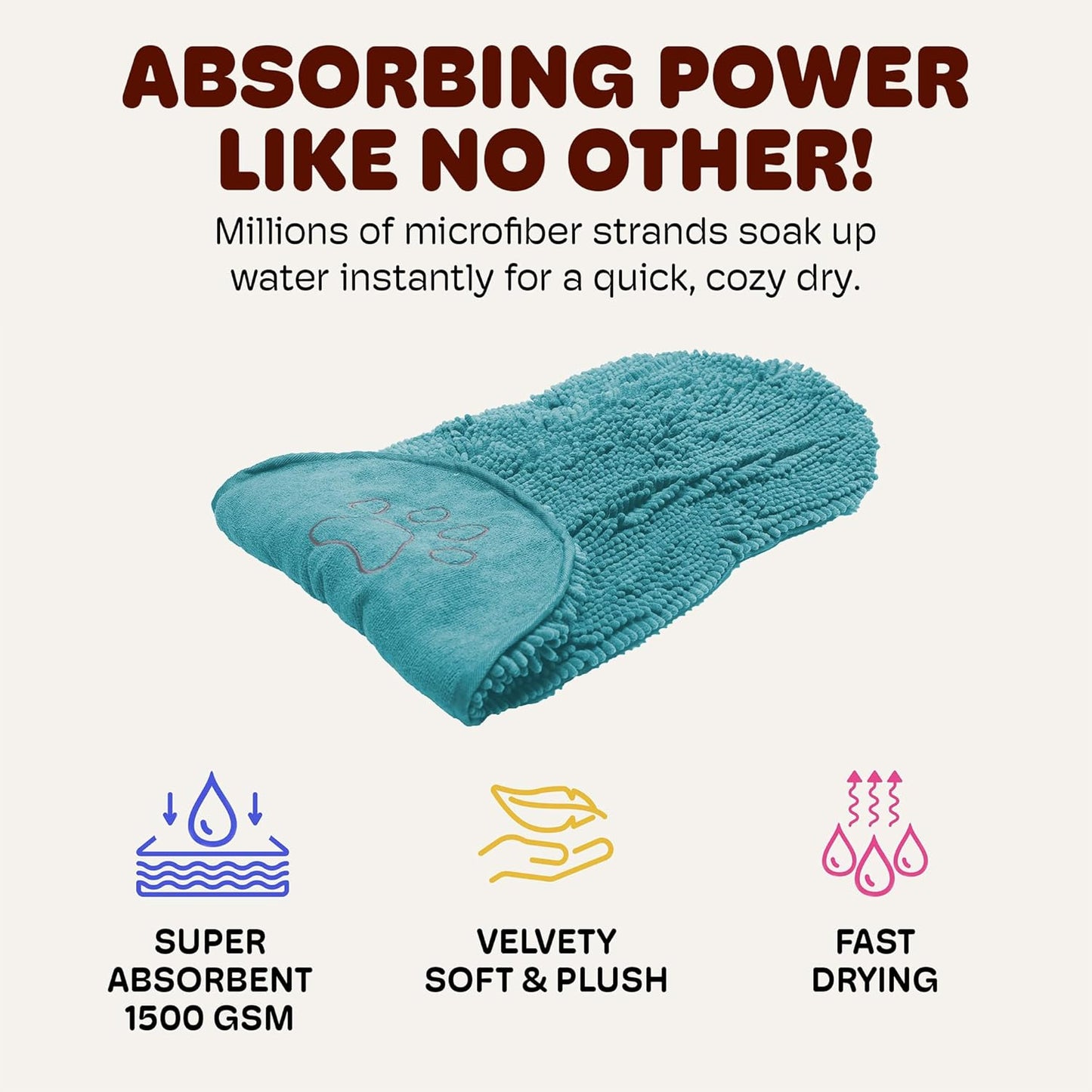 the Dirty Dog Shammy - Fast Drying Plush Shammy Towel with Dual Hand Pockets and Elastic - Super Absorbent Microfiber and Machine Washable - Pacific Blue