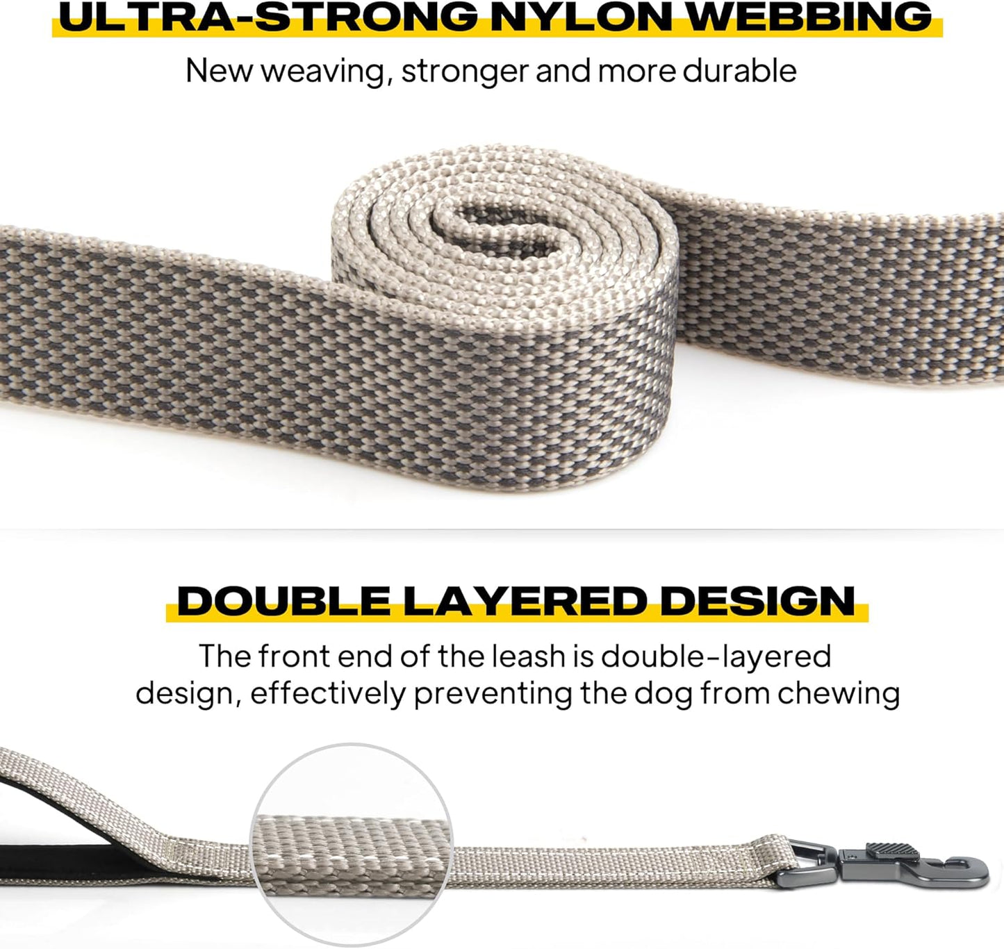 Premium 4 FT Heavy Duty Dog Leash with Dual Padded Handles, Traffic Control & Easy Snap Hook - Reflective Grey Leash for All Breeds