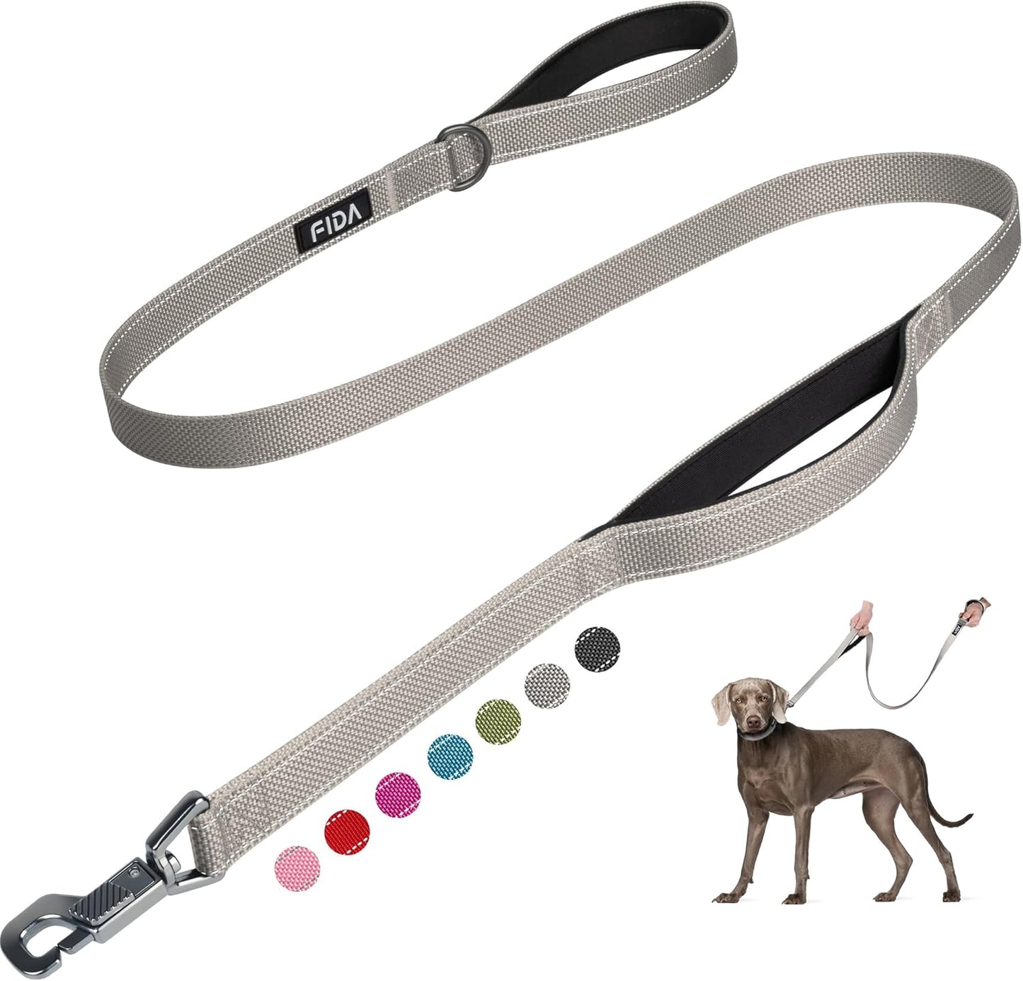 Premium 4 FT Heavy Duty Dog Leash with Dual Padded Handles, Traffic Control & Easy Snap Hook - Reflective Grey Leash for All Breeds