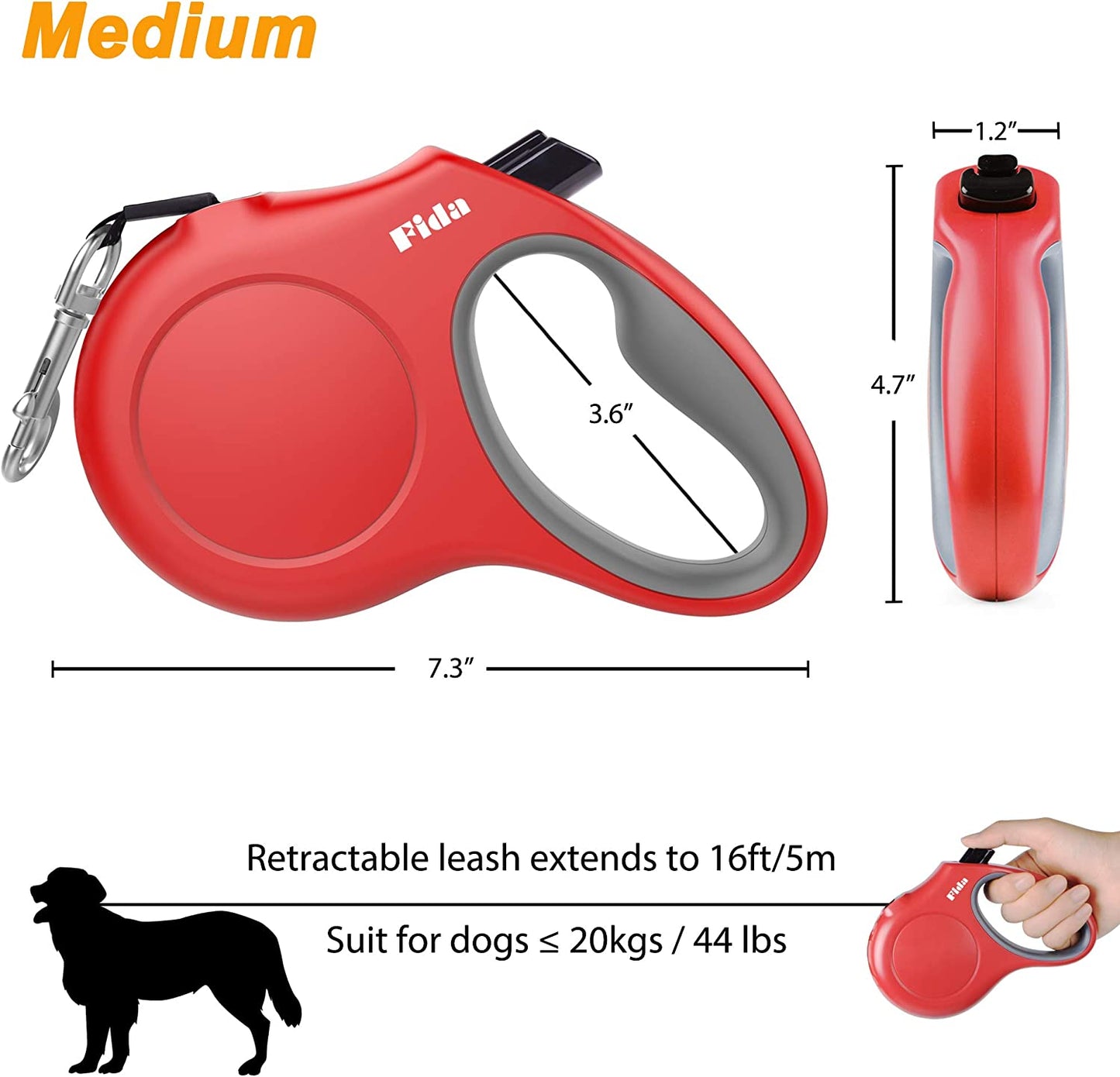 Premium 16 Ft Retractable Dog Leash with Poop Bag Dispenser - Ideal for Medium Dogs up to 44 Lbs, Featuring Anti-Slip Handle and Tangle-Free Design in Eye-Catching Red