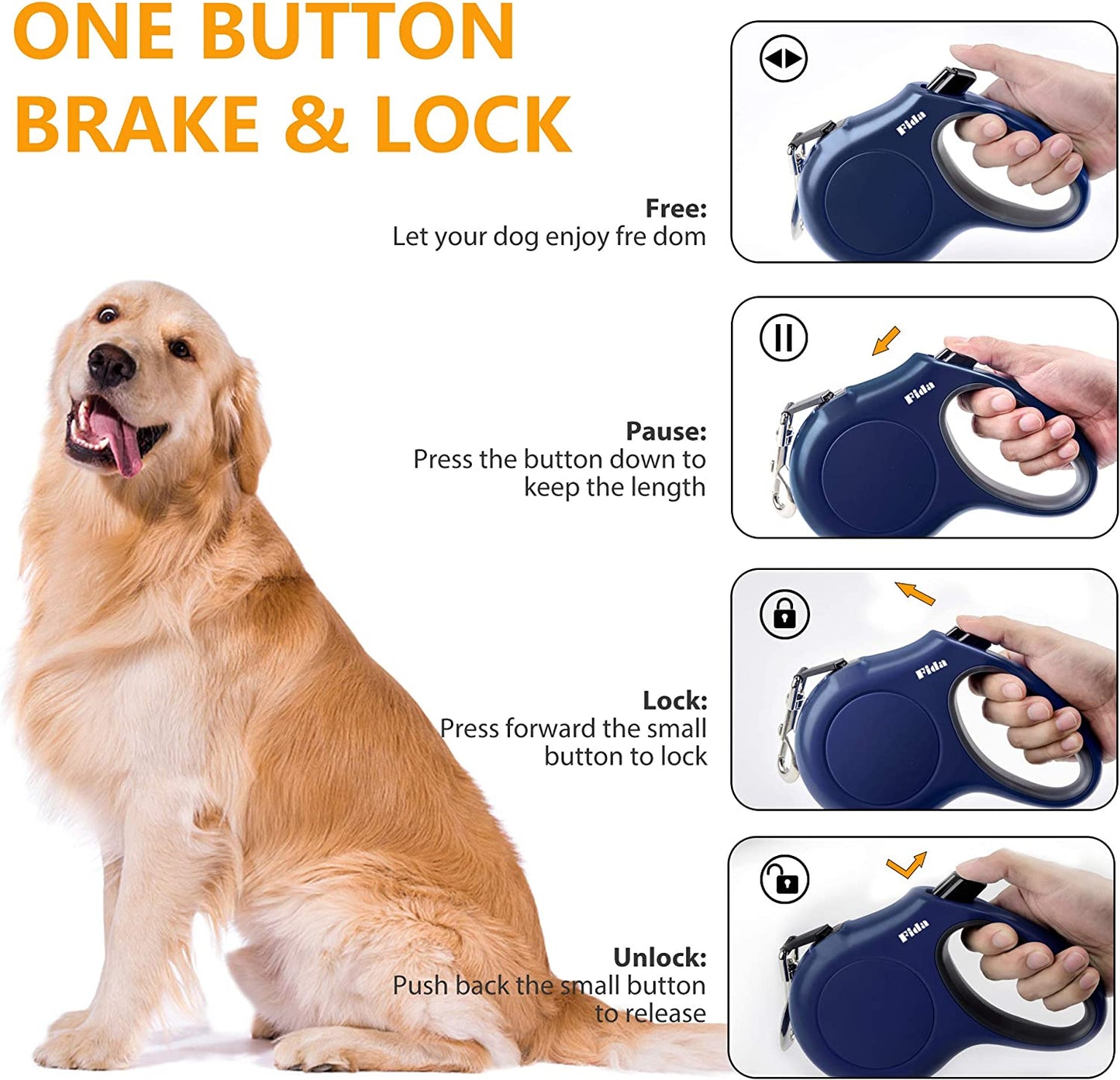 Ultimate 16 Ft Retractable Dog Leash with Poop Bag Dispenser - Perfect for Large Dogs up to 110 Lbs, Tangle-Free Design and Reflective Nylon for Safe Walks in Navy Blue