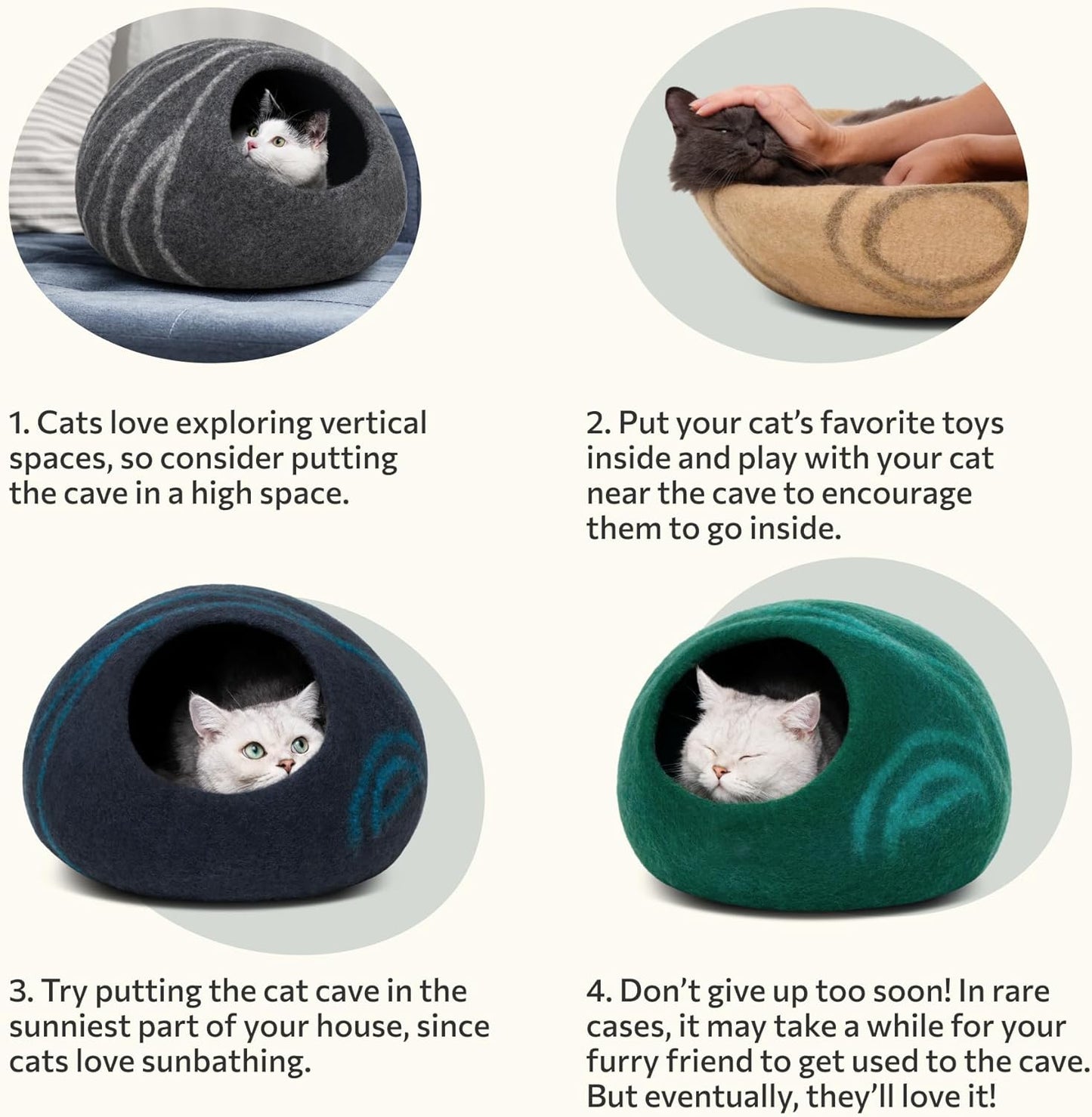 Luxurious Handcrafted Cat Cave - 100% Merino Wool Bed for Indoor Cats in Stylish Black Aqua (Large)