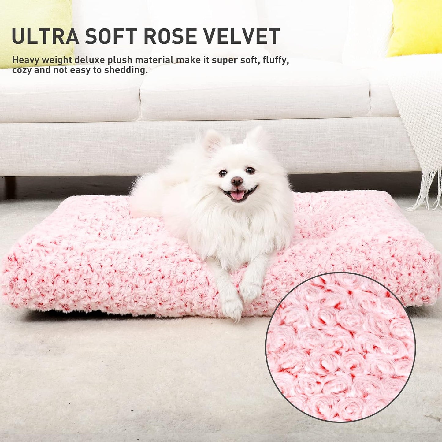 Deluxe Rose Velvet Dog Bed - Luxurious Washable Crate Pad for All Breeds, Anti-Slip Comfort in Pink, 29" x 21"