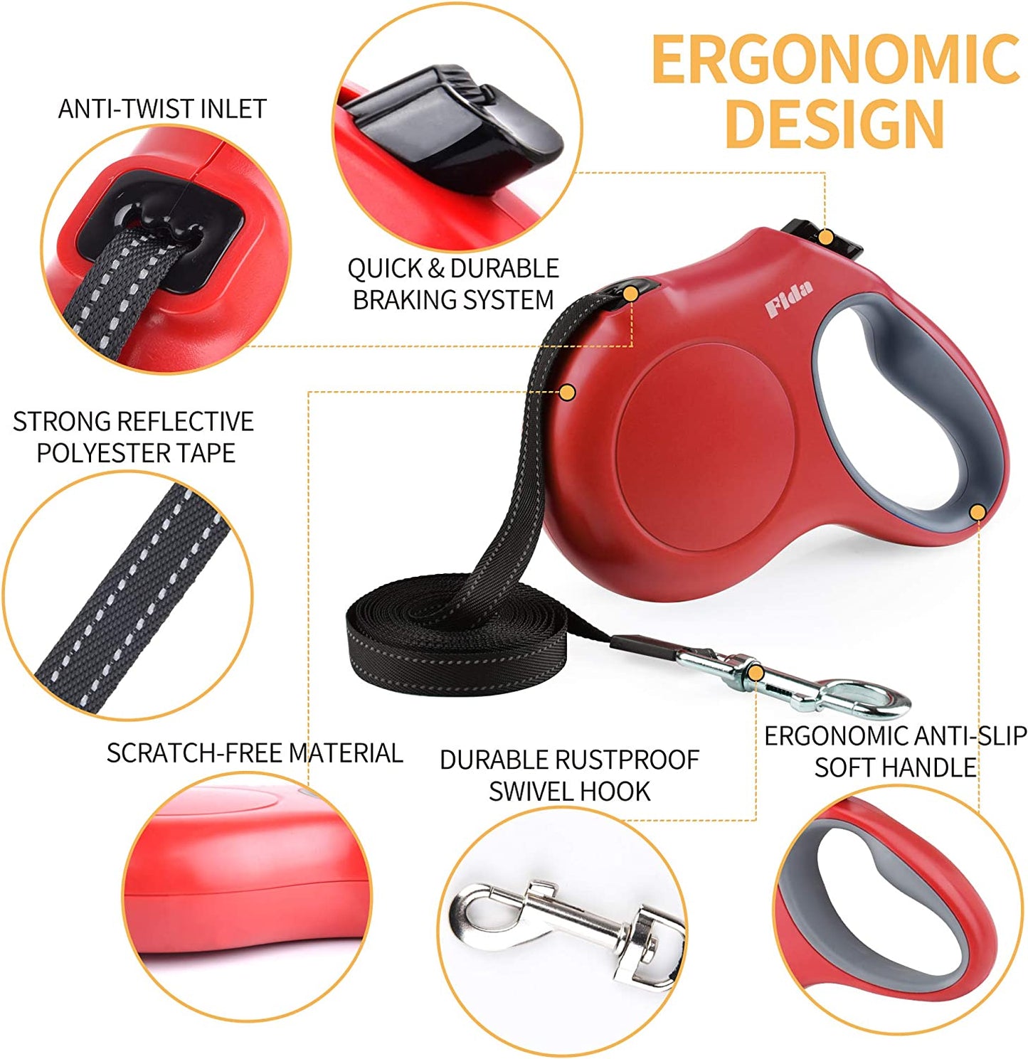 Premium 16 Ft Retractable Dog Leash with Poop Bag Dispenser - Ideal for Medium Dogs up to 44 Lbs, Featuring Anti-Slip Handle and Tangle-Free Design in Eye-Catching Red