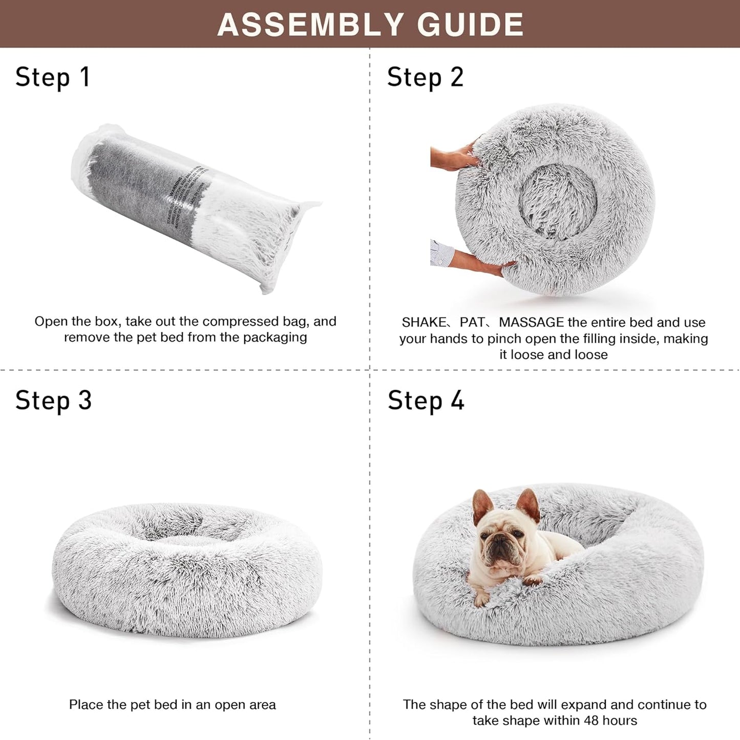 Cozy Calming Cat Bed - Anti-Anxiety Donut Dog Bed in Light Grey, Perfect for Small to Medium Cats and Dogs, 24-Inch Fluffy Faux Fur Design