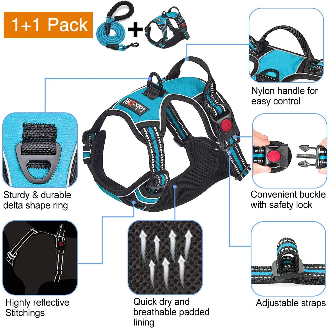 Ultimate No Pull Dog Harness with Reflective Oxford Design and Free 5Ft Leash - Adjustable for Medium to Large Dogs (Size S, Blue)