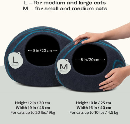 Luxurious Handcrafted Cat Cave - 100% Merino Wool Bed for Indoor Cats in Stylish Black Aqua (Large)