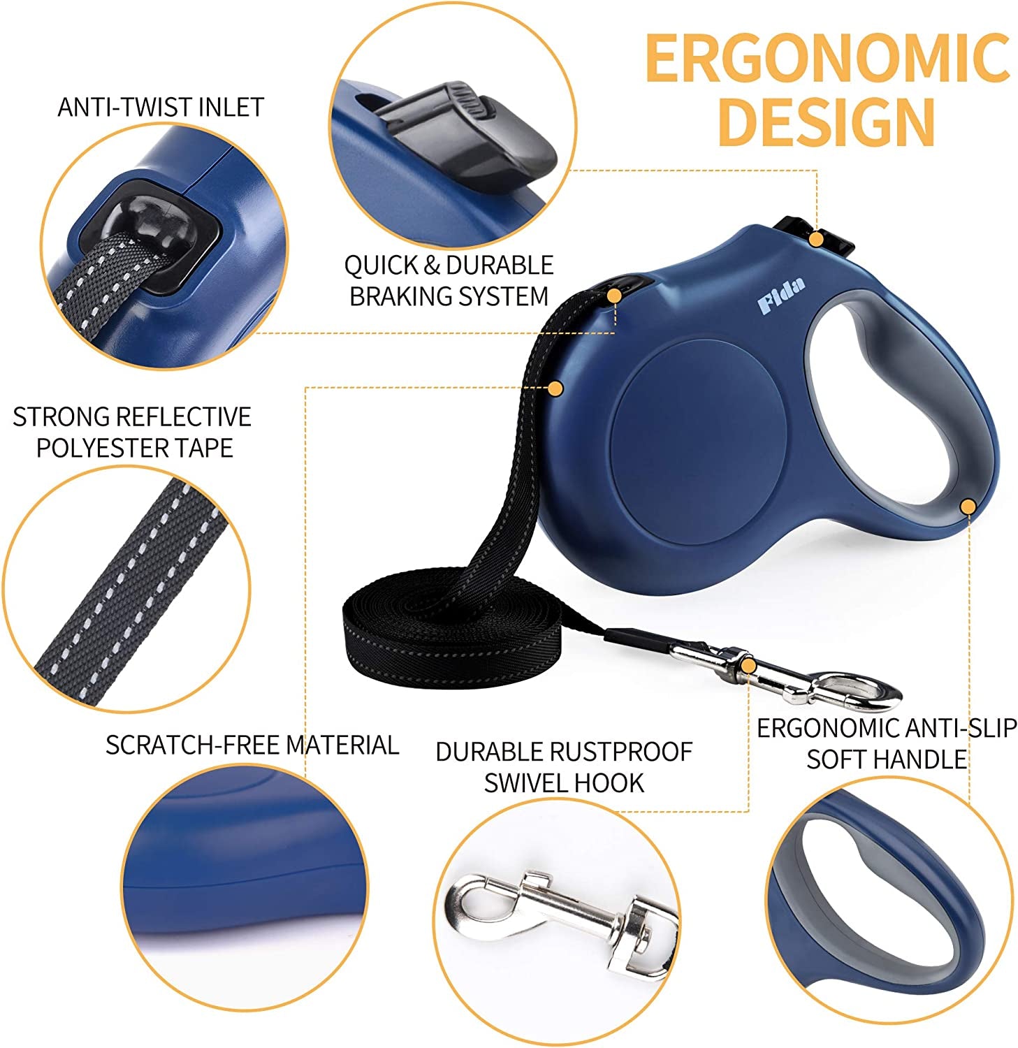 Ultimate 16 Ft Retractable Dog Leash with Poop Bag Dispenser - Perfect for Large Dogs up to 110 Lbs, Tangle-Free Design and Reflective Nylon for Safe Walks in Navy Blue