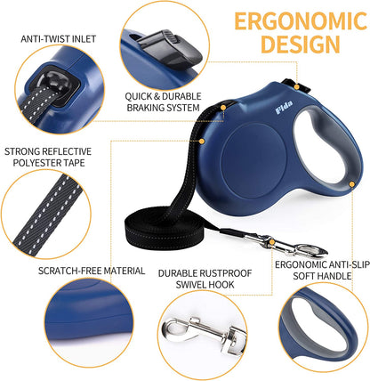 Ultimate 16 Ft Retractable Dog Leash with Poop Bag Dispenser - Perfect for Large Dogs up to 110 Lbs, Tangle-Free Design and Reflective Nylon for Safe Walks in Navy Blue