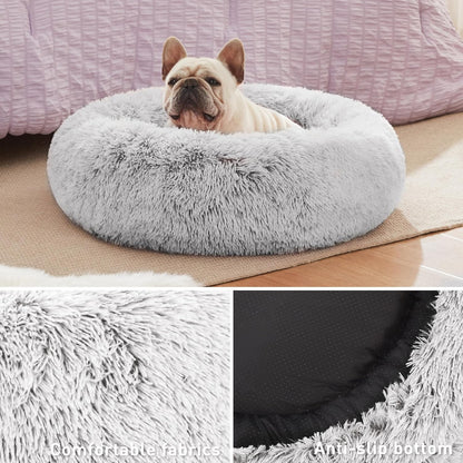 Cozy Calming Cat Bed - Anti-Anxiety Donut Dog Bed in Light Grey, Perfect for Small to Medium Cats and Dogs, 24-Inch Fluffy Faux Fur Design