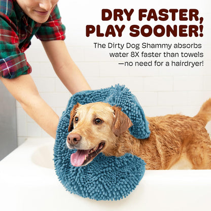 the Dirty Dog Shammy - Fast Drying Plush Shammy Towel with Dual Hand Pockets and Elastic - Super Absorbent Microfiber and Machine Washable - Pacific Blue