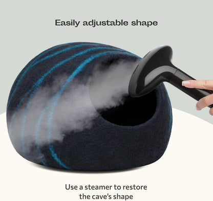 Luxurious Handcrafted Cat Cave - 100% Merino Wool Bed for Indoor Cats in Stylish Black Aqua (Large)