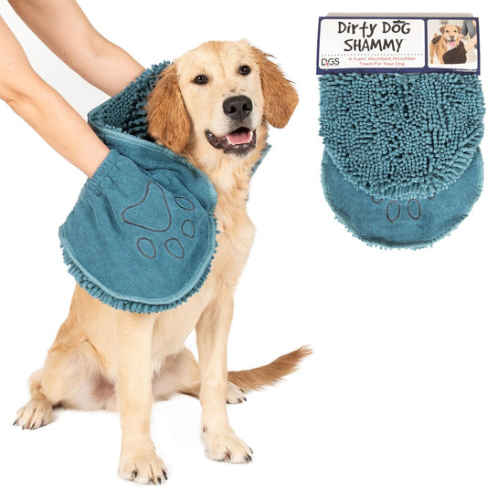 the Dirty Dog Shammy - Fast Drying Plush Shammy Towel with Dual Hand Pockets and Elastic - Super Absorbent Microfiber and Machine Washable - Pacific Blue