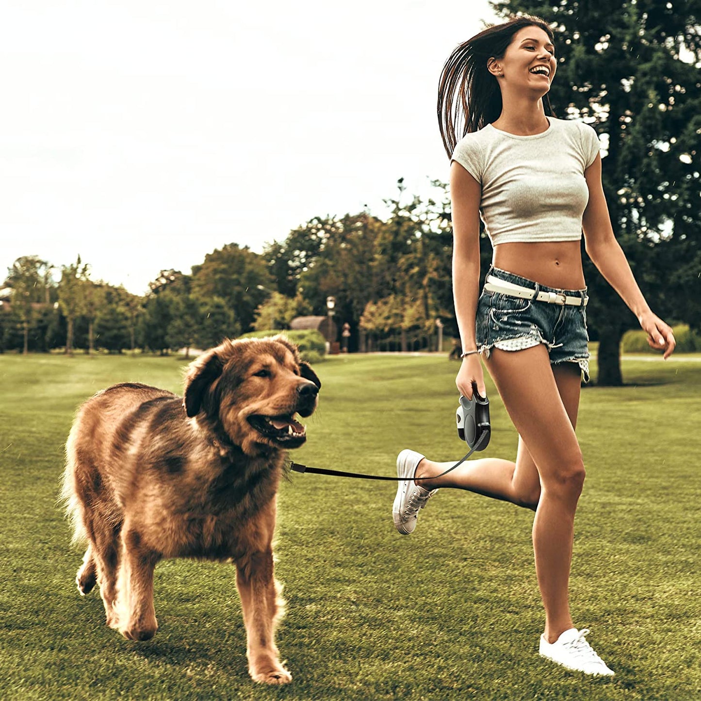 Ultimate 16 Ft Retractable Dog Leash with Poop Bag Dispenser - Perfect for Large Dogs up to 110 Lbs, Tangle-Free Design and Reflective Nylon for Safe Walks in Navy Blue