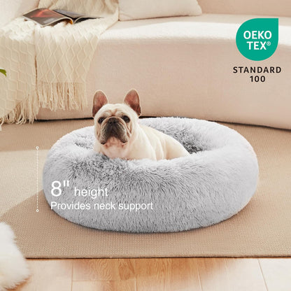 Cozy Calming Cat Bed - Anti-Anxiety Donut Dog Bed in Light Grey, Perfect for Small to Medium Cats and Dogs, 24-Inch Fluffy Faux Fur Design