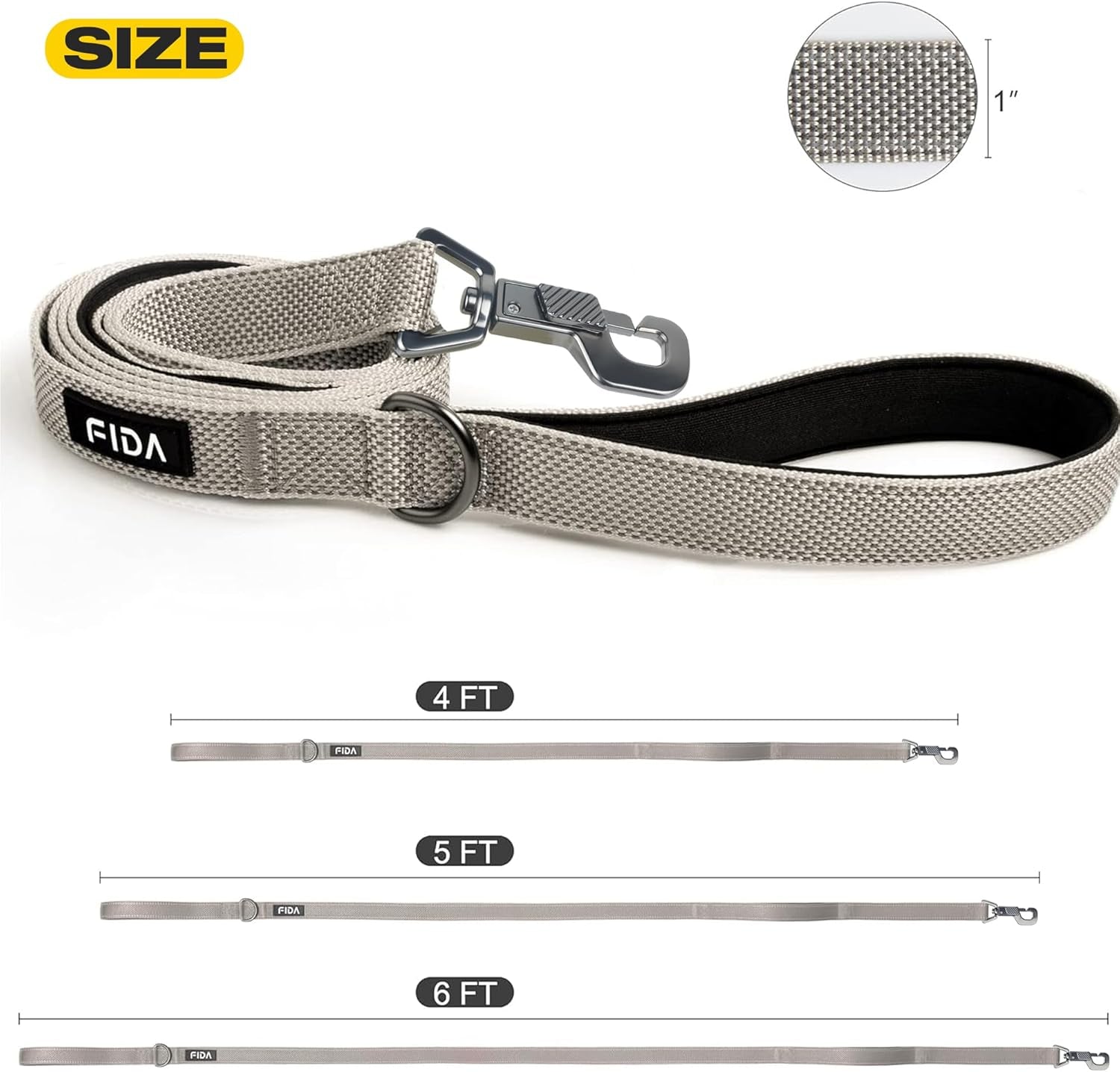 Premium 4 FT Heavy Duty Dog Leash with Dual Padded Handles, Traffic Control & Easy Snap Hook - Reflective Grey Leash for All Breeds