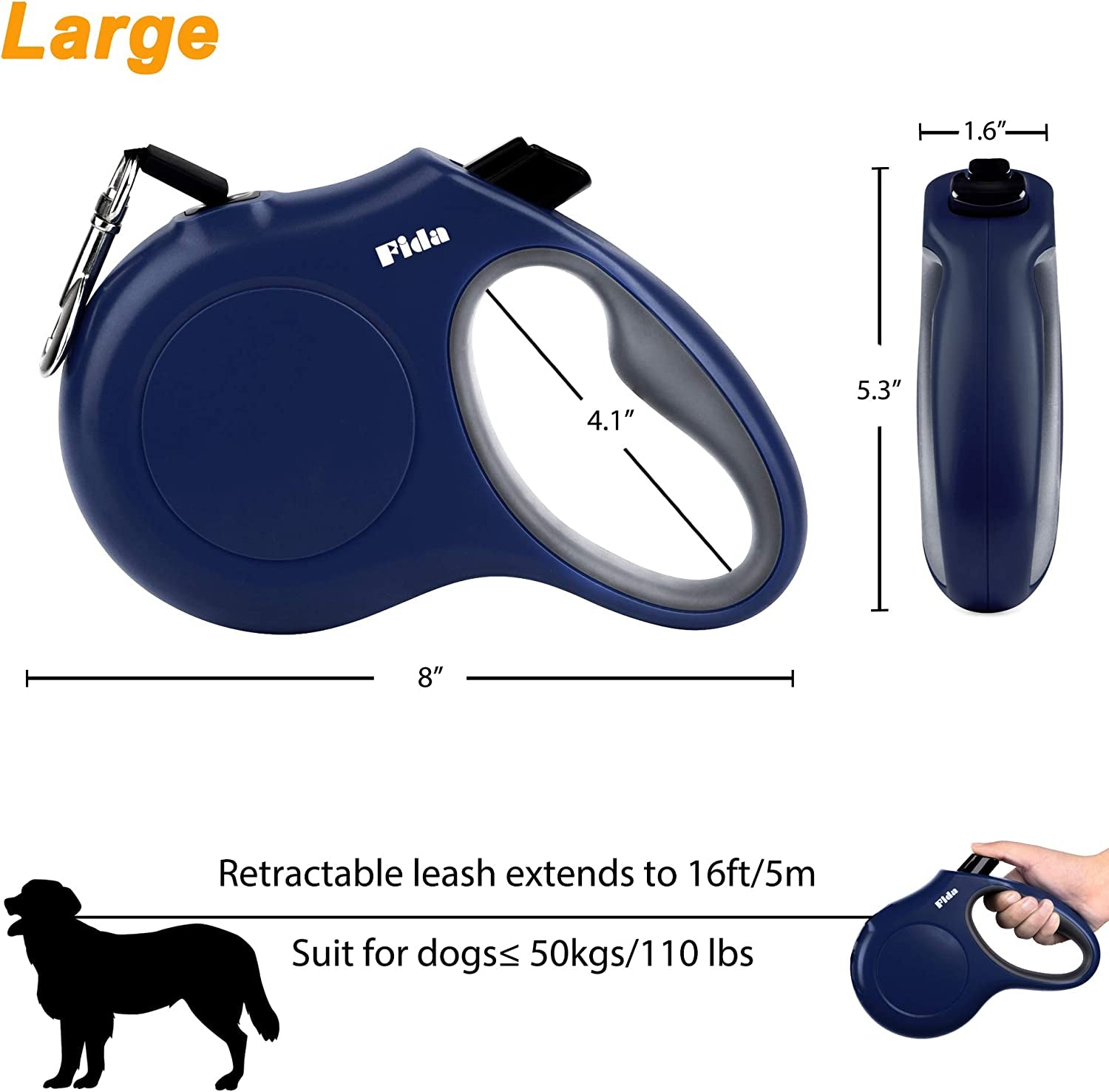 Ultimate 16 Ft Retractable Dog Leash with Poop Bag Dispenser - Perfect for Large Dogs up to 110 Lbs, Tangle-Free Design and Reflective Nylon for Safe Walks in Navy Blue