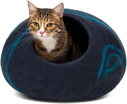 Luxurious Handcrafted Cat Cave - 100% Merino Wool Bed for Indoor Cats in Stylish Black Aqua (Large)