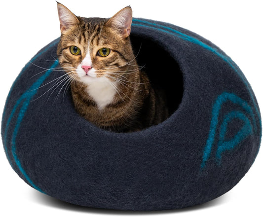Luxurious Handcrafted Cat Cave - 100% Merino Wool Bed for Indoor Cats in Stylish Black Aqua (Large)