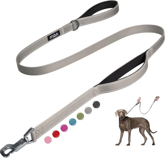 Premium 4 FT Heavy Duty Dog Leash with Dual Padded Handles, Traffic Control & Easy Snap Hook - Reflective Grey Leash for All Breeds