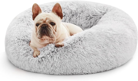 Cozy Calming Cat Bed - Anti-Anxiety Donut Dog Bed in Light Grey, Perfect for Small to Medium Cats and Dogs, 24-Inch Fluffy Faux Fur Design