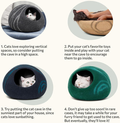 Luxurious Handcrafted Cat Cave - 100% Merino Wool Bed for Indoor Cats in Stylish Black Aqua (Large)