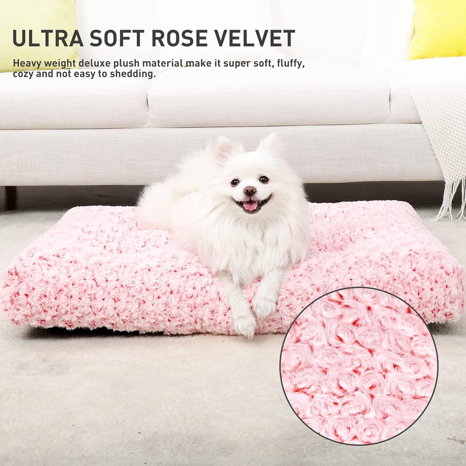 Deluxe Rose Velvet Dog Bed - Luxurious Washable Crate Pad for All Breeds, Anti-Slip Comfort in Pink, 29" x 21"