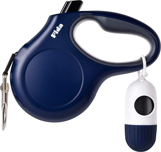 Ultimate 16 Ft Retractable Dog Leash with Poop Bag Dispenser - Perfect for Large Dogs up to 110 Lbs, Tangle-Free Design and Reflective Nylon for Safe Walks in Navy Blue